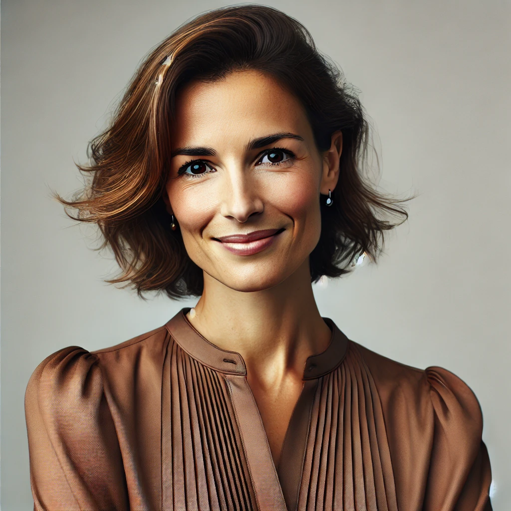 DALL·E 2025-01-21 23.30.54 – Portrait of a professional-looking woman named Francesca R., in her 30s, with a friendly smile, wearing a stylish blouse, appropriate for the fashion