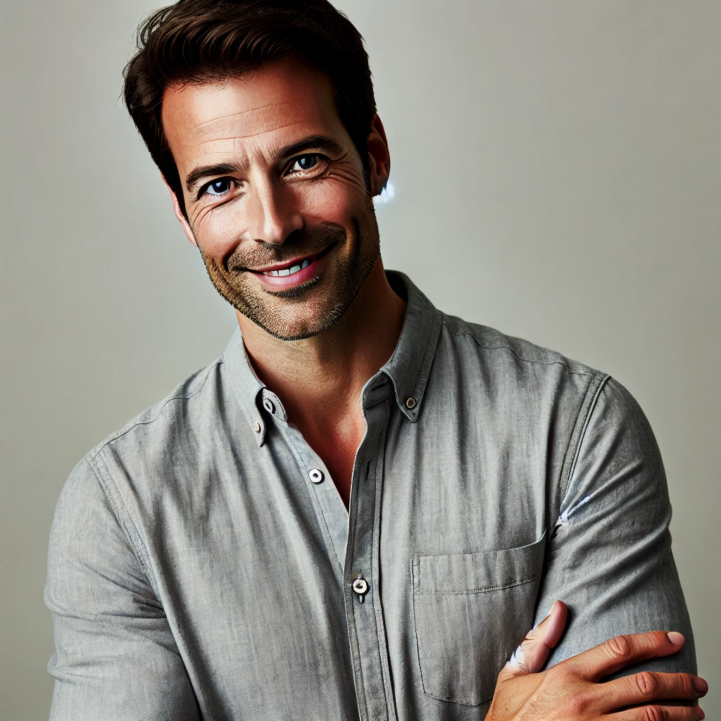 DALL·E 2025-01-21 23.33.34 – Portrait of a professional-looking man named Marco L., in his 40s, with a confident smile, wearing a casual shirt, appropriate for an ecommerce busine