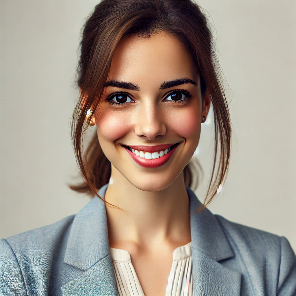 DALL·E 2025-01-21 23.41.10 – Portrait of a professional-looking woman named Giulia M., in her late 20s, with a bright and friendly smile, wearing a business casual outfit, suitabl