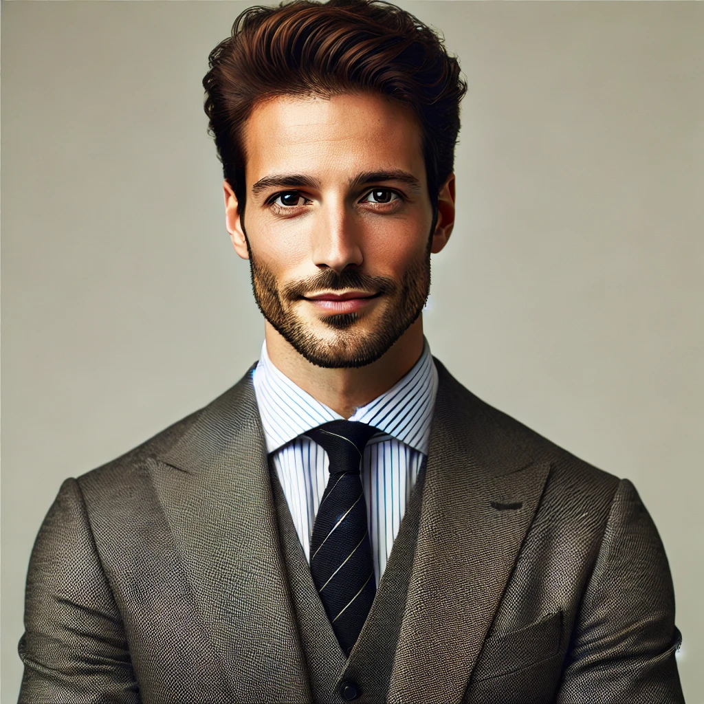 DALL·E 2025-01-21 23.43.15 – Portrait of a professional-looking man named Alessandro T., in his late 30s, with a confident and welcoming expression, wearing a modern business outf